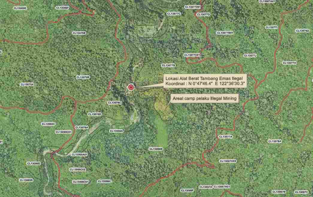 Potongan gambar peta lokasi alat berat di kawasan Hutan Boliyohuto, Kabupaten Gorontalo. (Foto: Istimewa)