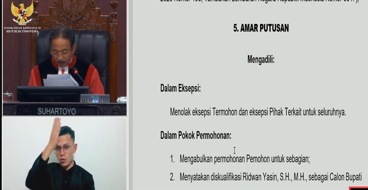 MK Perintahkan PSU di Gorontalo Utara, Satu Calon Didiskualifikasi.(Foto : YouTube MK RI)