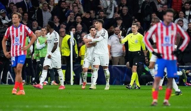 Real Madrid menang 2-1 melawan Atletico Madrid di leg pertama Liga Champions, Rabu (5/3/2025). (Foto : AP Photo/Manu Fernandez)