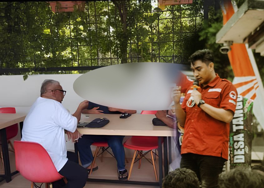 Kolase foto sejumlah pria duduk berdiskusi serius dengan seorang tokoh yang diduga sebagai penghubung pemilik tambang ilegal. Mereka diduga kuat adalah oknum aparat penegak hukum (APH)./Penagar.id