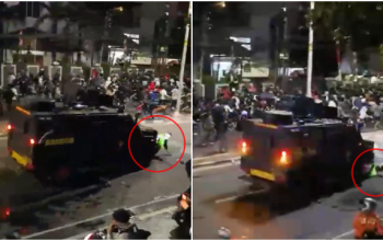 Tangkapan layar saat Rantis Brimob Lindas Pengemudi Ojol di Tengah Pembubaran Aksi.(Kolase. Ist.)