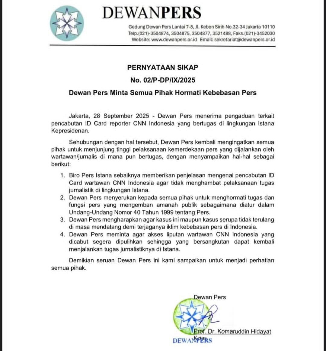 Surat pernyataan sikap Dewan Pers bernomor 02/P-DP/IX/2025 tertanggal 28 September 2025.