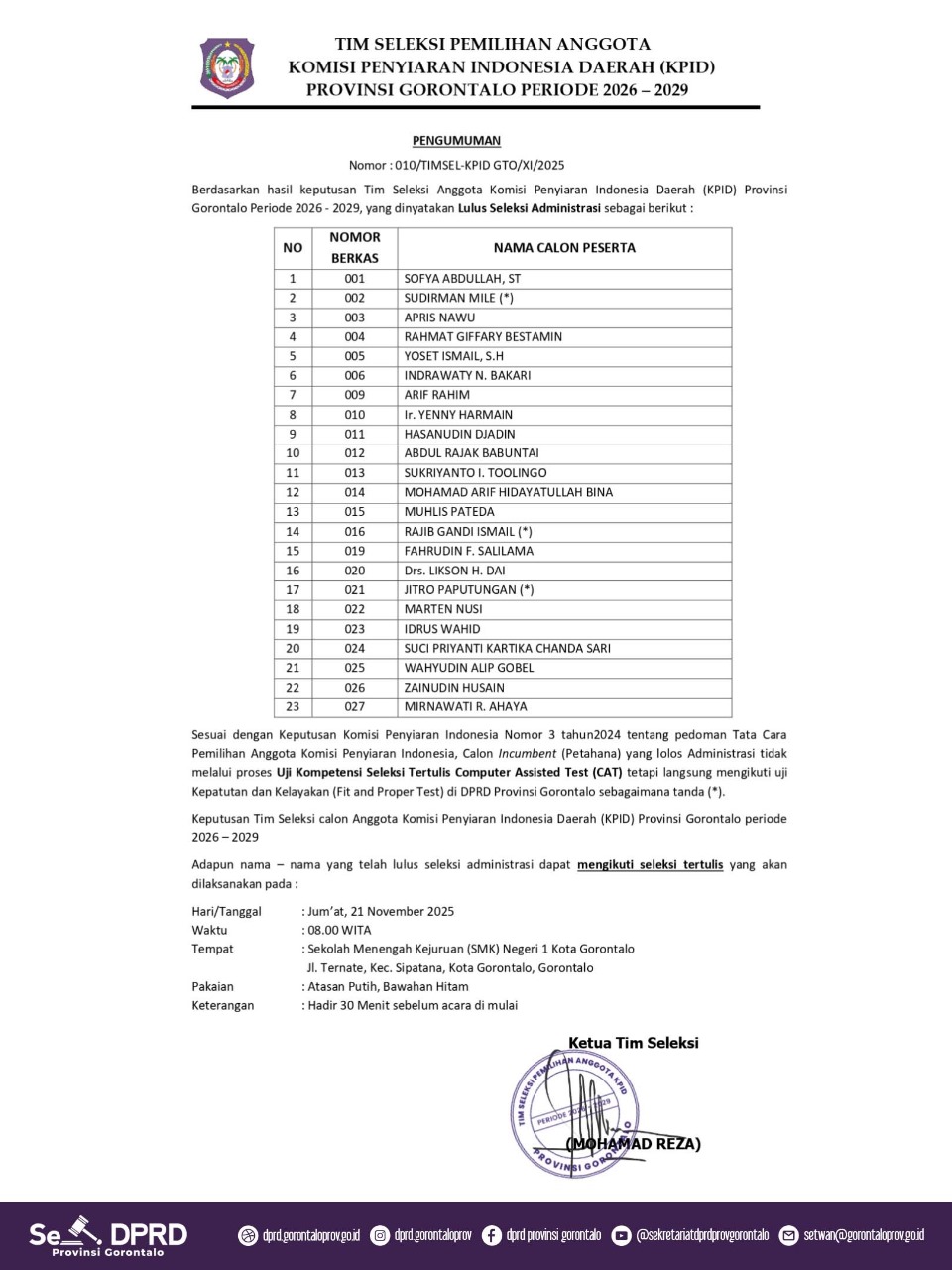 Daftar nama calon Anggota KPID Provinsi Gorontalo yang lolos seleksi administrasi. (Foto: Timsel KPID Provinsi Gorontalo)