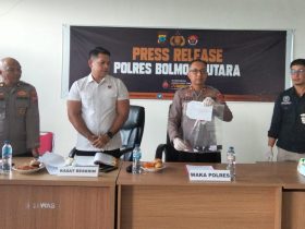 Polres Bolmut mengelar konferensi pers terkait penetapan tersangka kasus kematian di tambang emas Desa Paku Selatan, Kamis (16/4/2026).(Foto : Republish.id/Jefri Rison)