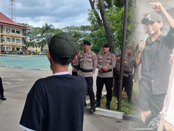 Zakaria menggelar aksi tunggal di depan Polda Gorontalo, Selasa (5/5/2026)./Penagar.id